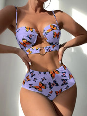 Printed Hard Cup Hollowed Out Split High Waisted Swimsuit