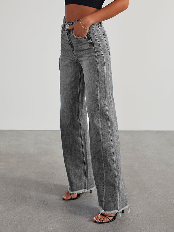 Split-Joint Tasseled High Waisted Wide Leg Jean Pants Bottoms