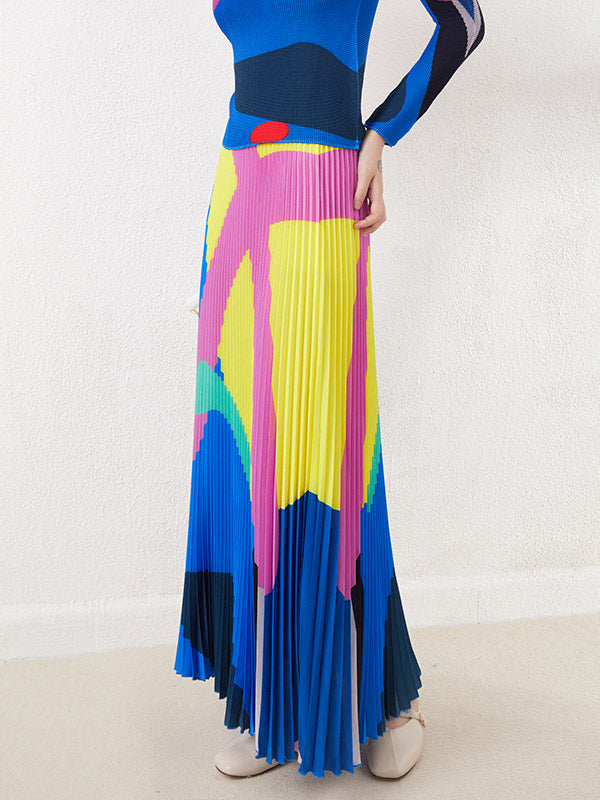Contrast Color Pleated A-line Loose Skirts Bottoms