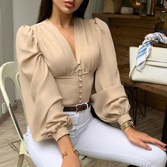 V-Neck Button Puff Sleeve Slim T-Shirt