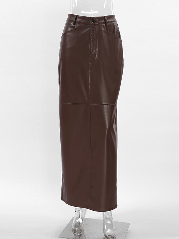 Buttoned Solid Color Split-back A-line High Waisted Skirts Bottoms