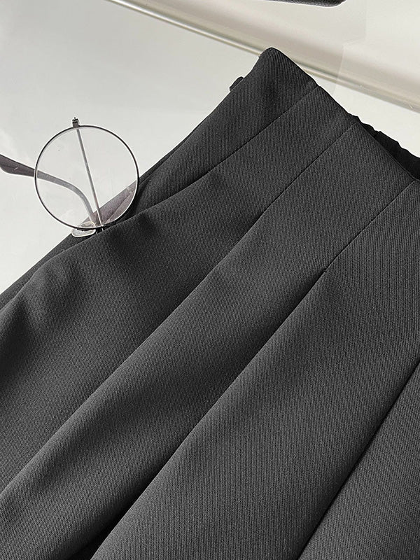 Lace-Up Pleated Solid Color Split-Joint High Waisted Loose Trousers Suit Pants