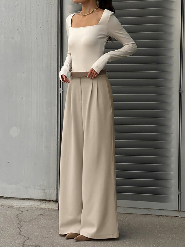 Pleated Pockets Solid Color High Waisted Loose Trousers Suit Pants