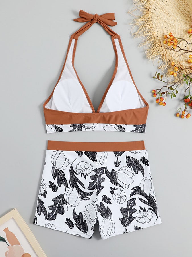 Sexy bikini high-waisted printed color-blocking split swimsuit