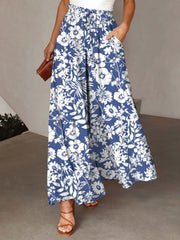 Women's Blue Print Wide Leg Pants