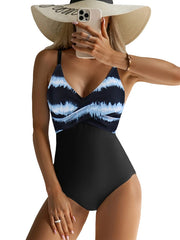 V-neck Color Matching Suspender Backless One Piece Bikini Swimsuit