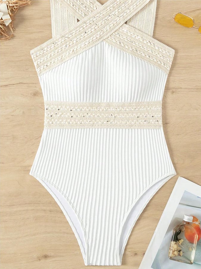 Women's Solid Color Striped Patchwork Cross Panel Swimsuit