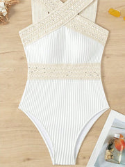 Women's Solid Color Striped Patchwork Cross Panel Swimsuit