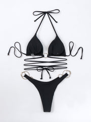 Solid Color Metal Ring Strap Bikini Suit