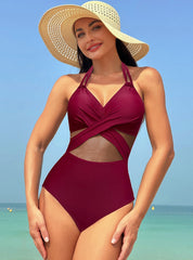 Solid Color Mesh One-piece Bikini