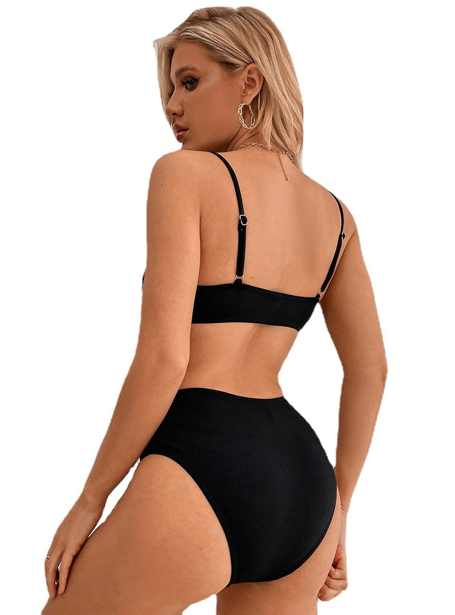 Split Solid Color Suspender Backless Bikini