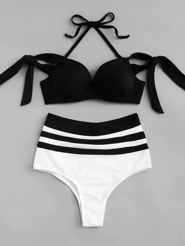 Low Cut Color Burgundy High Waist Bikini Set