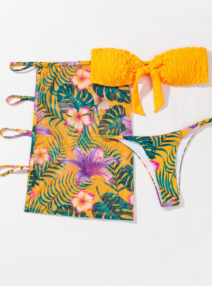 Tube Top Gathered Three-piece Printed Bikini