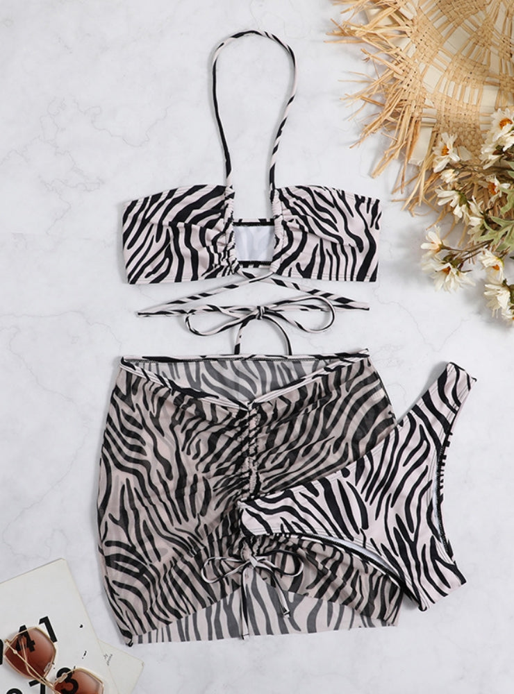 Striped Drawstring Lace-up Three-piece Swimsuit Bikini