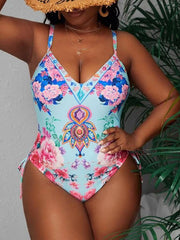 Plus-Size Printed Lace Up Slimming One Piece Swimsuit