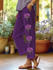 Women's Art Floral Loose  Pockets Casual Pants