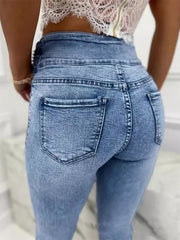 Beads Buttoned Elasticity Pockets Zipper Skinny Jean Pants Bottoms