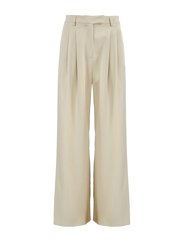 Pleated Pockets Solid Color High Waisted Loose Trousers Suit Pants