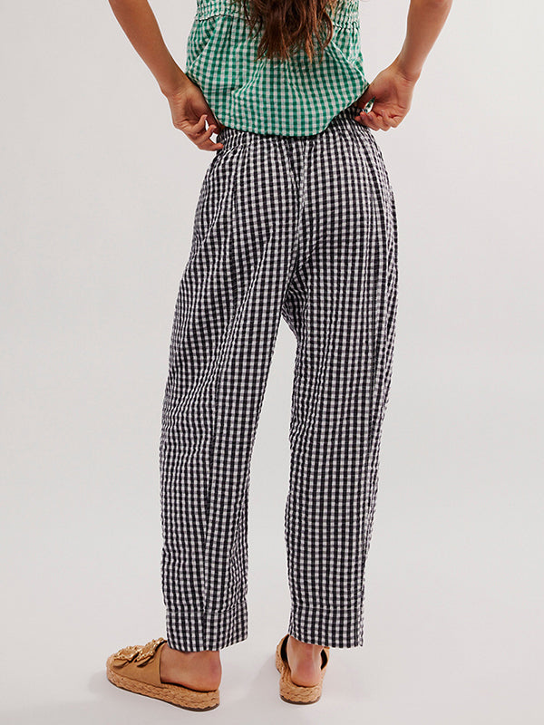 Plaid Pockets Split-Joint Loose Trousers Pants