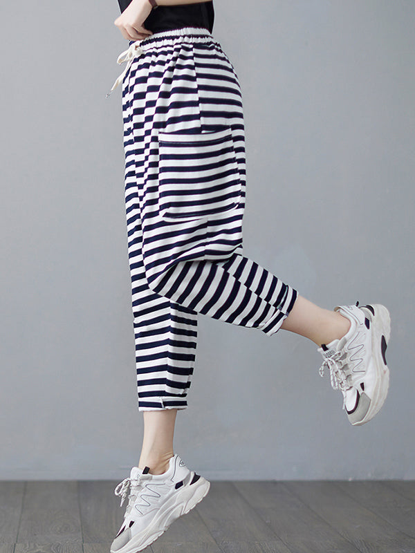 Loose Striped Drawstring Harem Sports Pants
