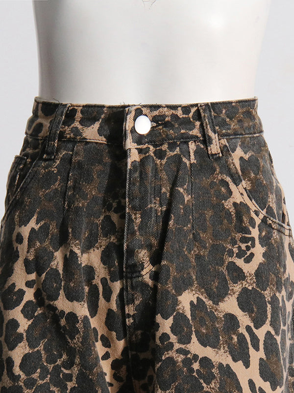 Leopard Printed Ripped Split-Joint High Waisted Loose Jean Pants Bottoms