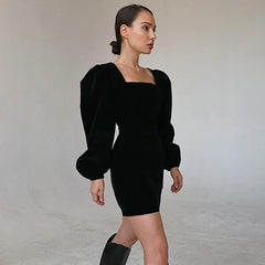 Puff Sleeve Square Neck Velvet Dress - Black