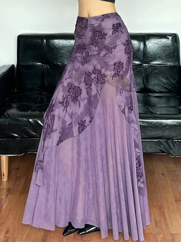Printed Irregular Mesh Maxi Skirt In Purple