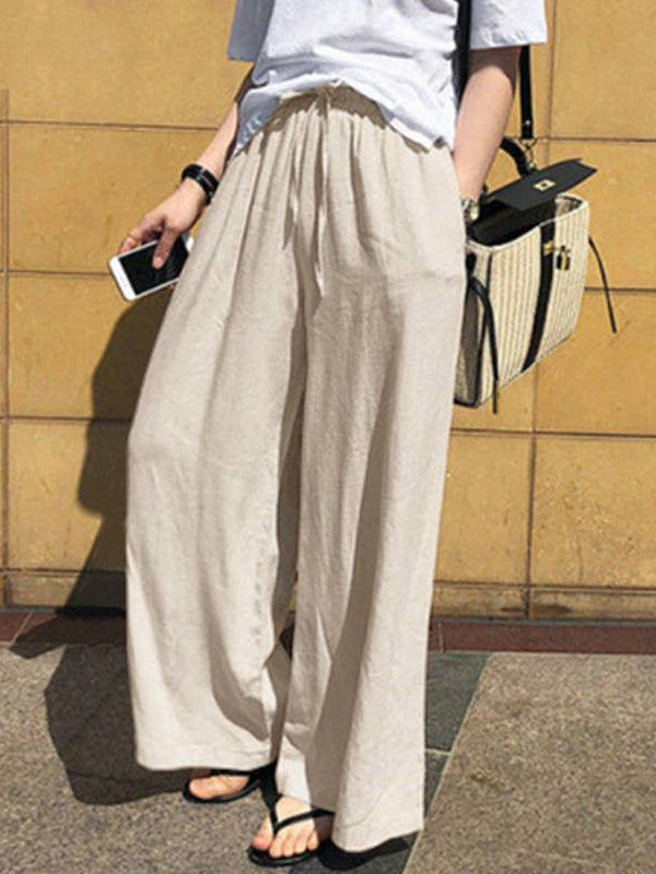 Drawstring Pockets Solid Color High Waisted Loose Trousers Pants