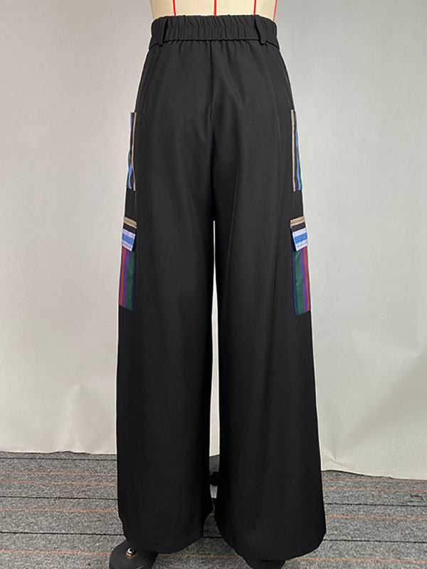 High Waisted Loose Pockets Split-Joint Striped Pants Trousers