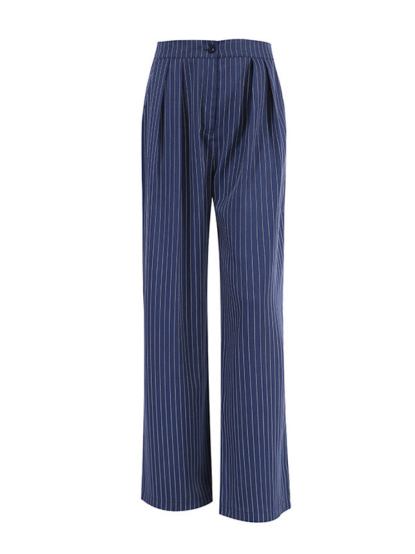 Buttoned Striped High Waisted Wide Pants Trousers Pants
