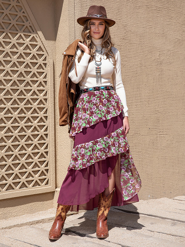 Vacation Loose A-Line Floral Printed Patchwork Skirt