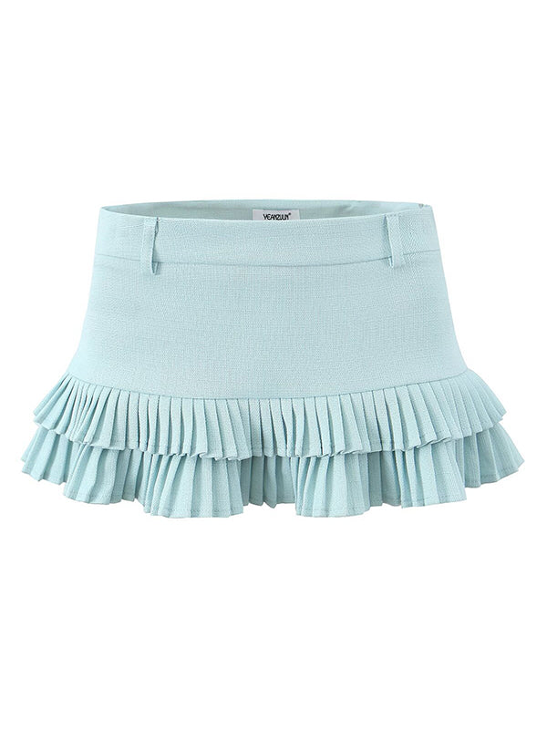 No Belt Pleated Solid Color Loose Skirts Bottoms