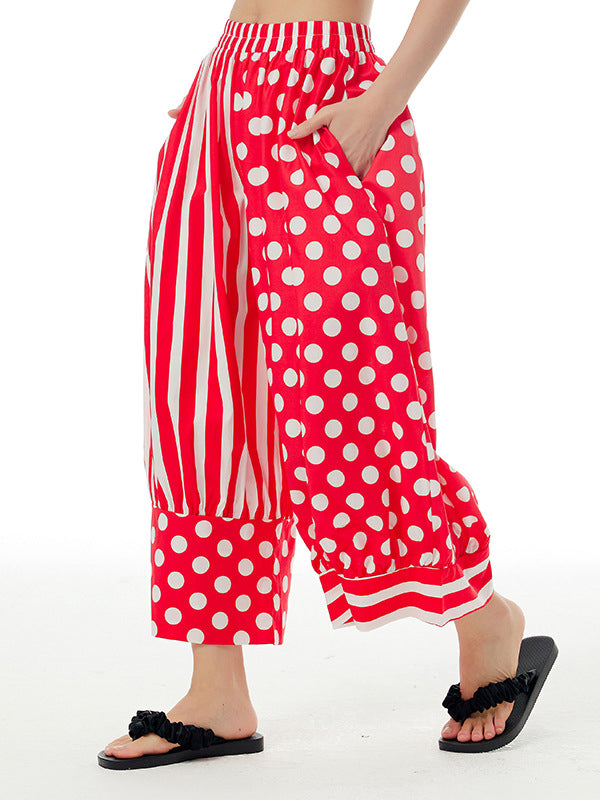 Contrast Color Elasticity Polka-Dot Split-Joint Striped Loose Wide Leg Pants Cropped Trousers