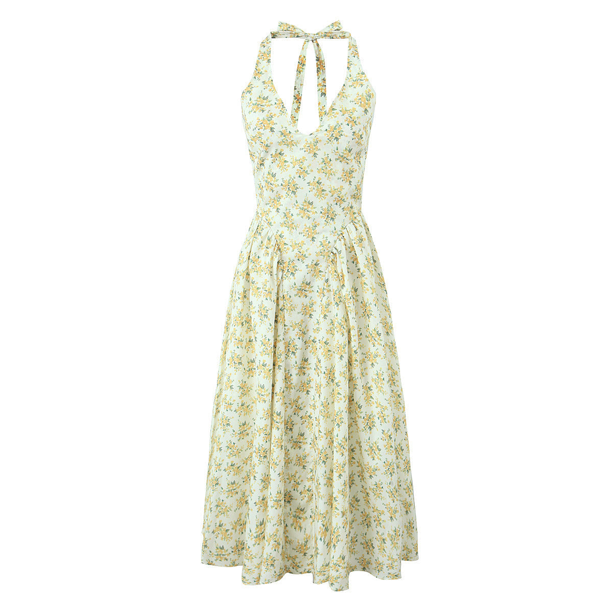 French Hepburn Style V-neck Halter Floral Sleeveless Dress