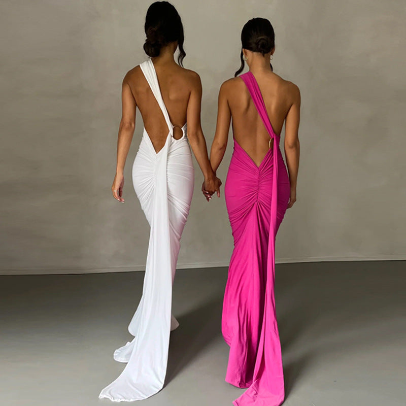 Sexy Backless Pleated Slim-fit Solid Color Sleeveless Elegant Dress