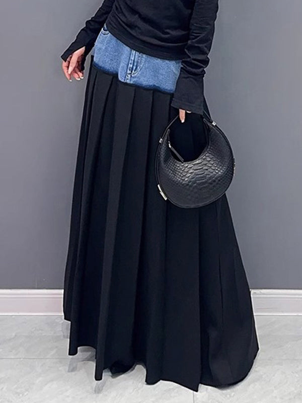 Contrast Color Pleated Split-Joint A-Line High Waisted Skirts Bottoms