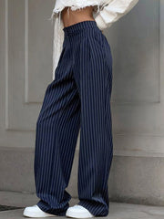 Buttoned Striped High Waisted Wide Pants Trousers Pants