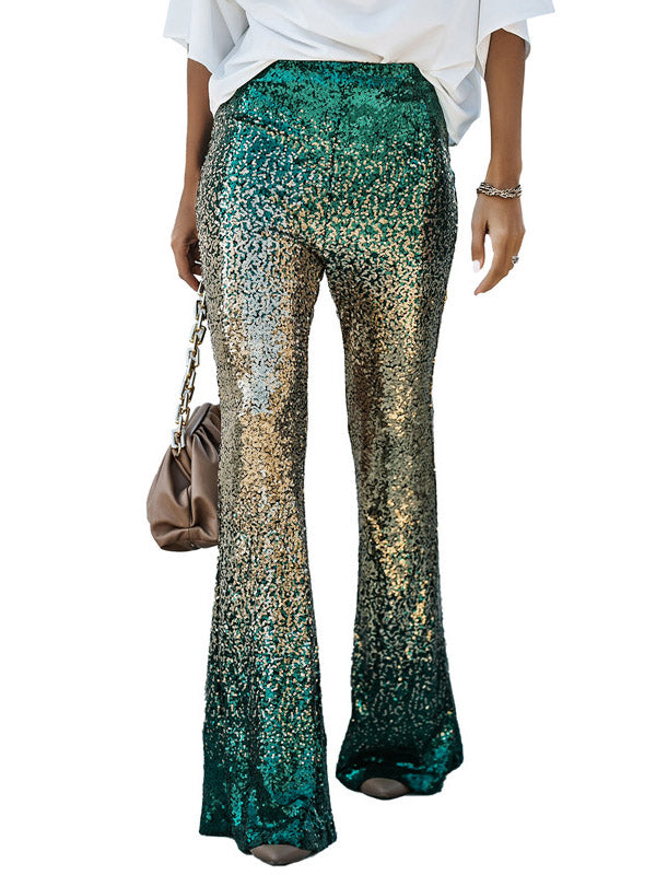 Contrast Color Gradient Sequined Shiny Flared Pants Skinny Leg Pants Bottoms