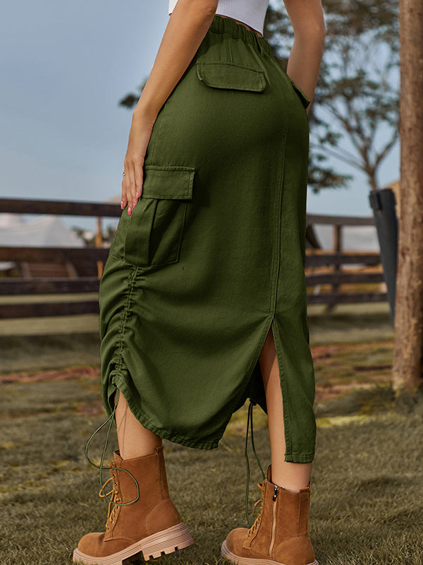 Drawstring Elasticity Pockets Solid Color Split-Back A-Line Loose Skirts Bottoms