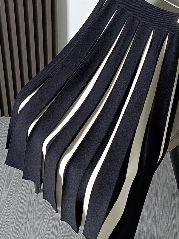 Contrast Color Pleated A-Line Loose Skirts Bottoms