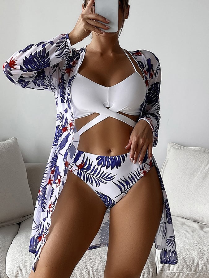 Three Piece Chiffon Floral Smock Bikini Swimsuit