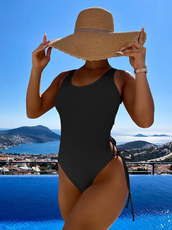 Solid Cut Out Strap One Piece Swimsuit