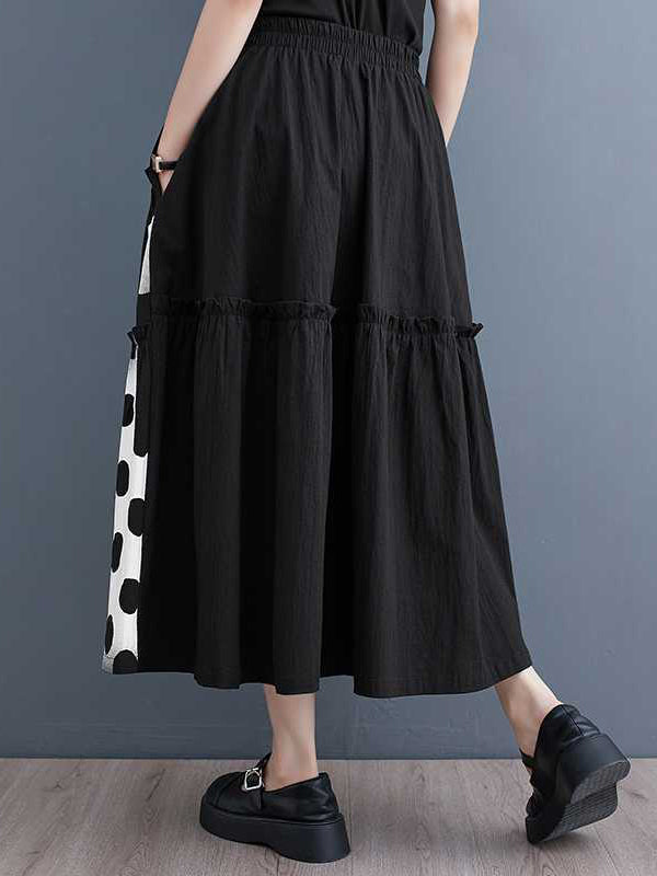 Elasticity Pleated Pockets Polka Dot Printed Ruffled Split-Joint Loose Skirts Bottoms
