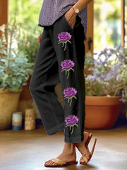 Women's Art Floral Loose  Pockets Casual Pants