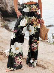 Elasticity Flower Print Pleated Pockets High Waisted Loose Trousers Pants