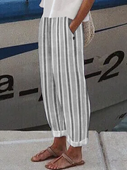 Casual Loose Cotton Trousers With Stripes And Button Detail