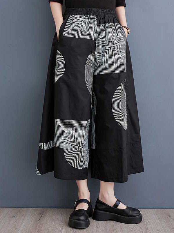 Elasticity Printed High Waisted Loose Pants Cropped Trousers