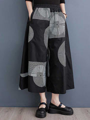 Elasticity Printed High Waisted Loose Pants Cropped Trousers