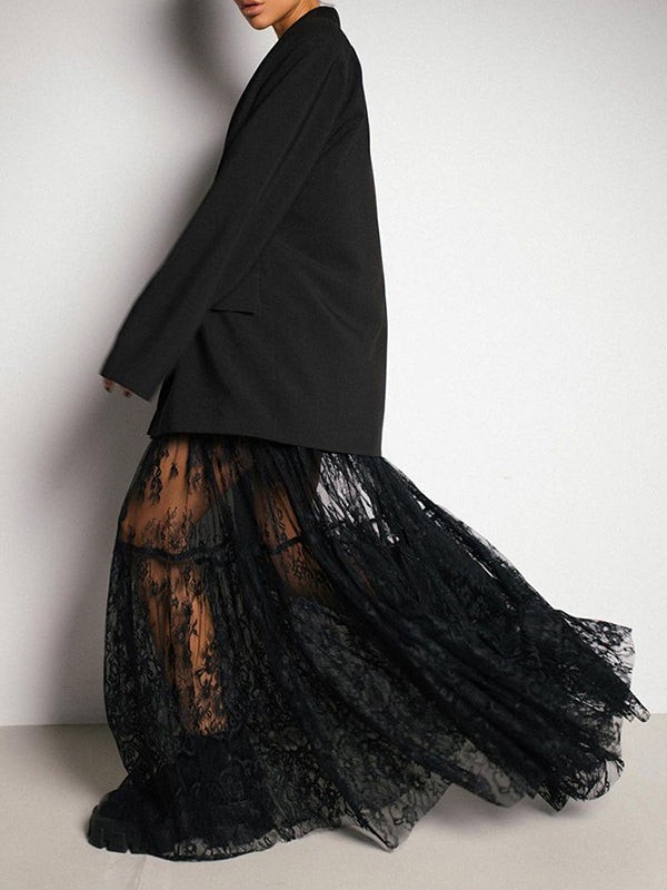 Elasticity Hollow Jacquard Mesh See-Through Split-Joint A-Line High Waisted Skirts Bottoms