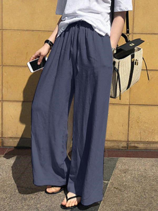 Drawstring Pockets Solid Color High Waisted Loose Trousers Pants